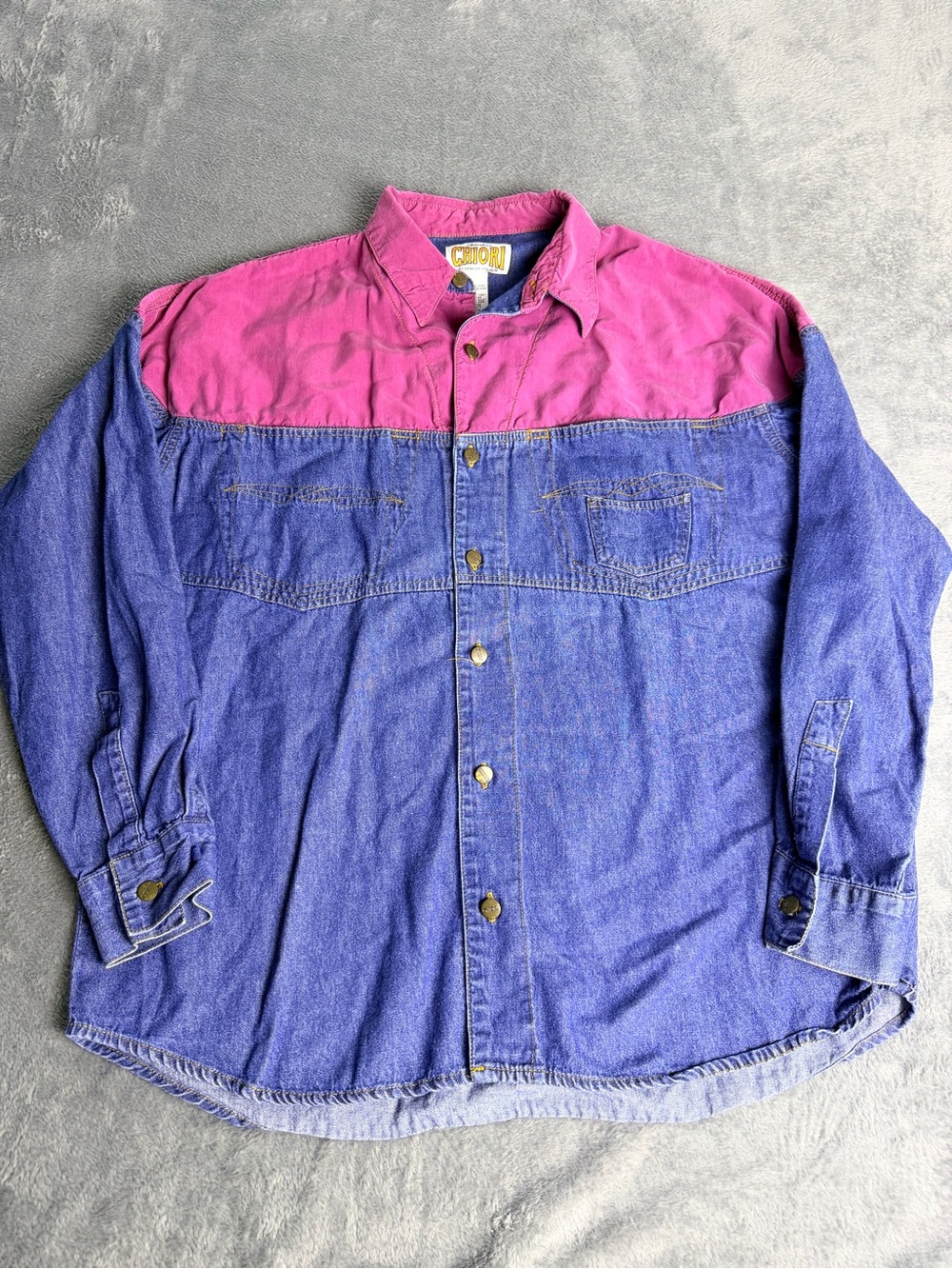 Vintage Chiori Denim Shirt Men’s L Colorblock Western Pink Blue Geometric 90s